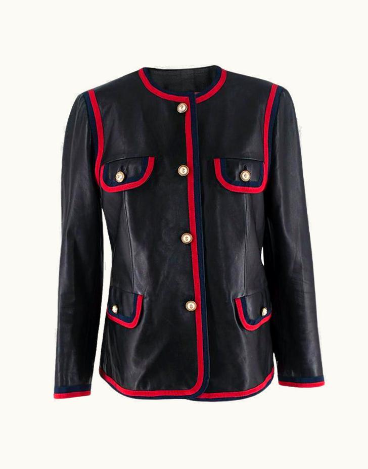 Gucci Gucci Black Leather Collarless Web-Trimmed Jacket - Us