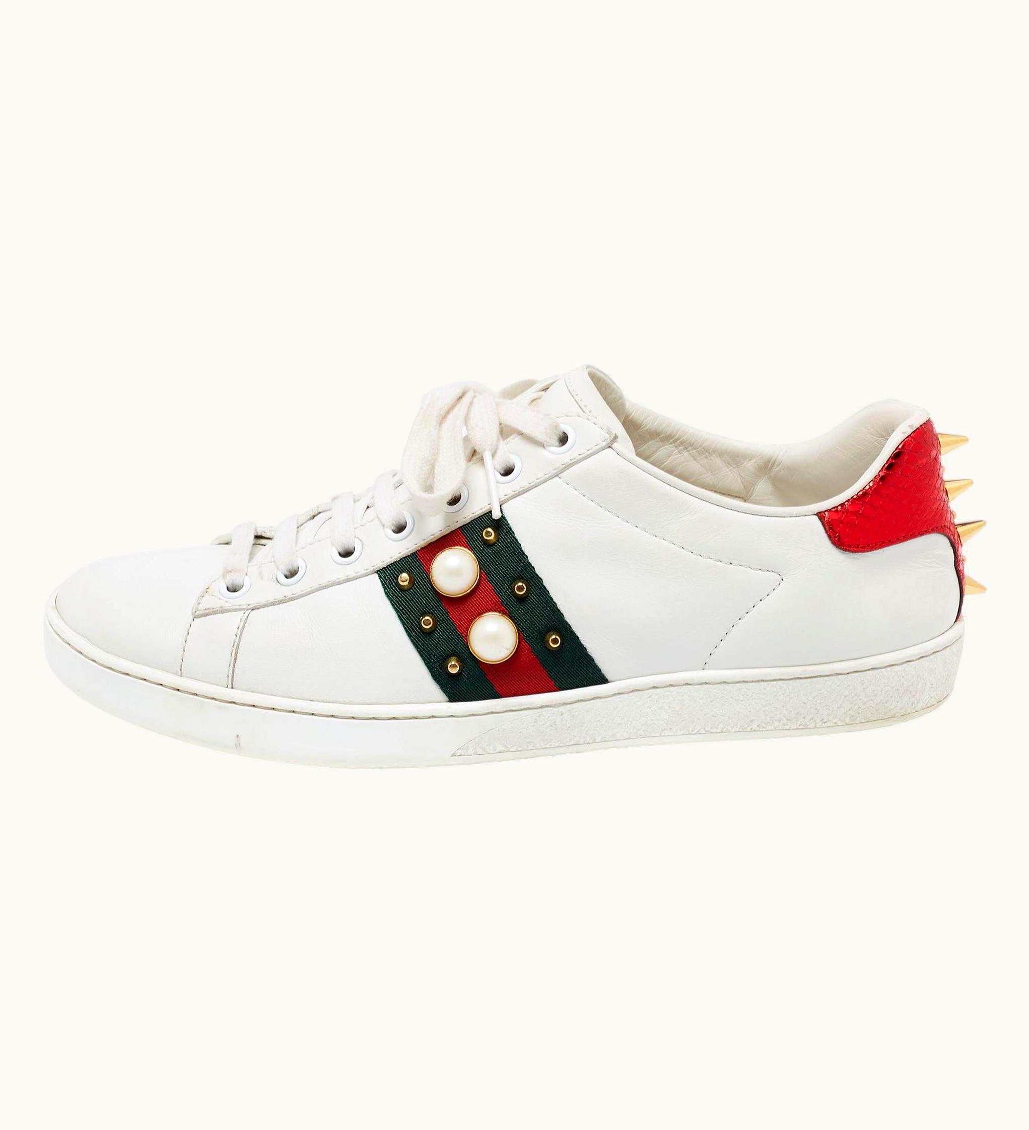 Gucci Gucci White Leather Faux Pearl Embellished Ace Sneakers