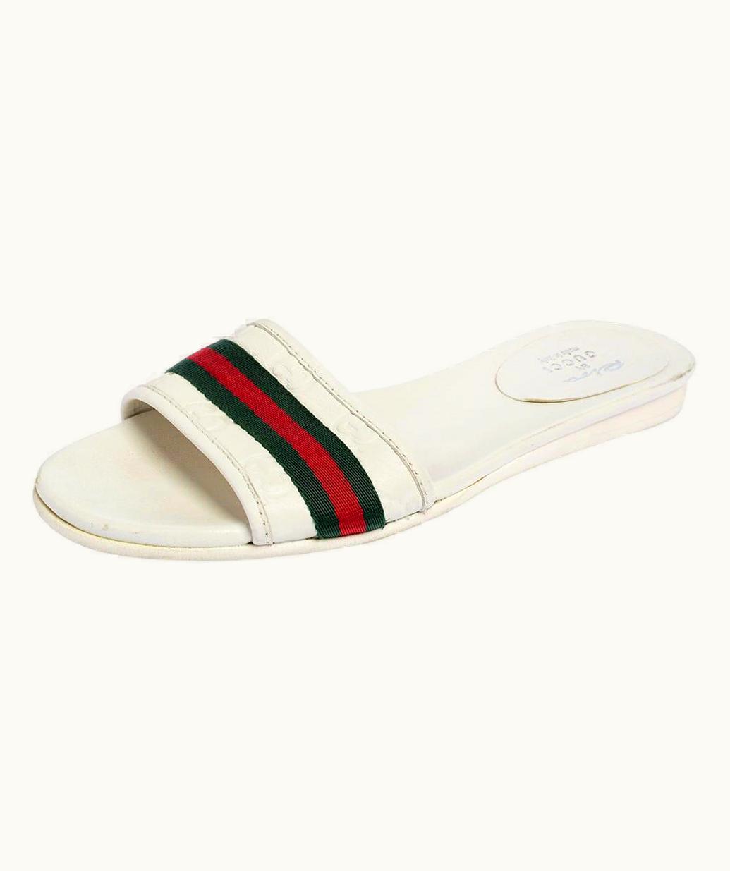 Gucci Gucci White Guccissima Leather Web Flat Slide Sandals