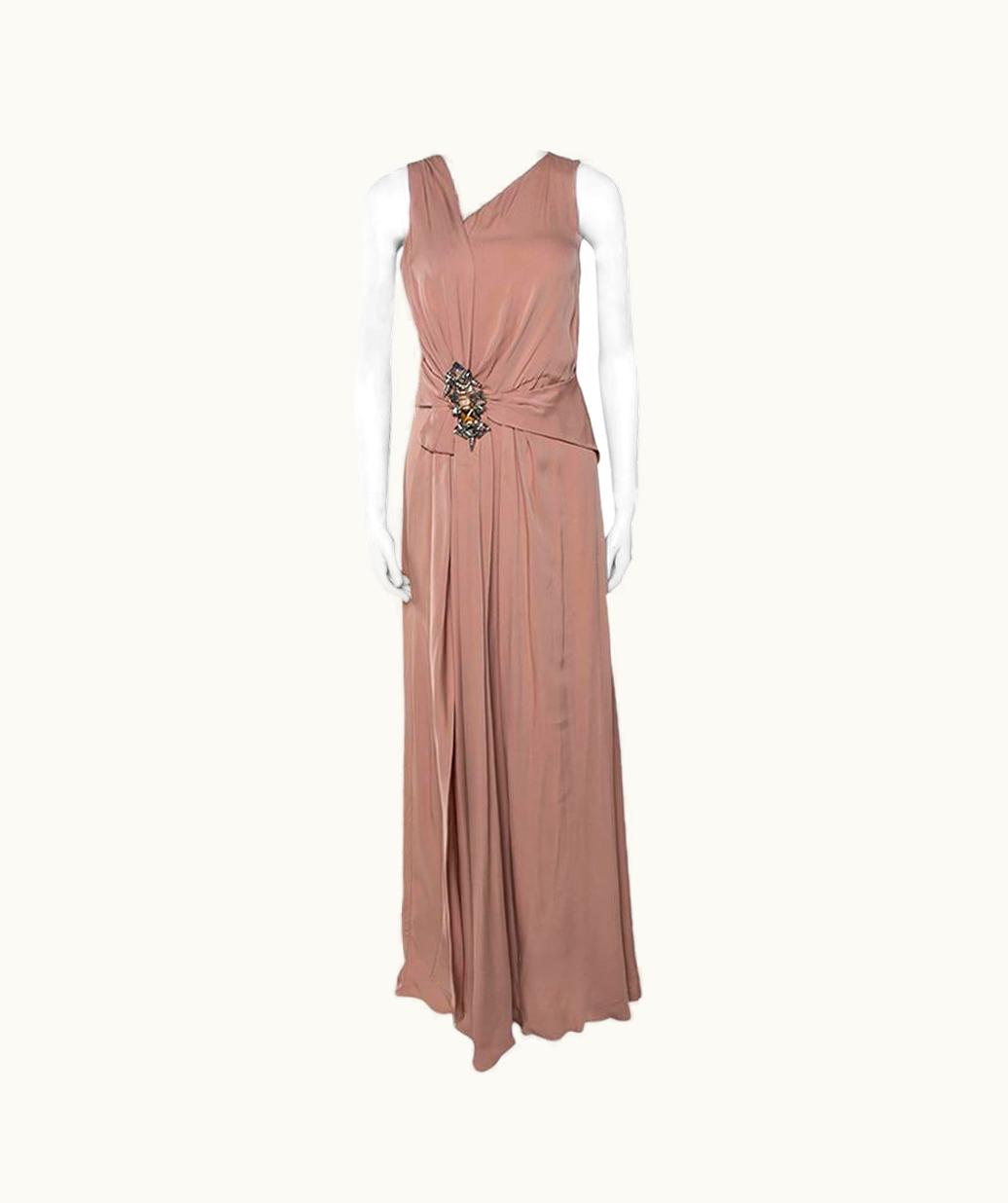 Gucci Gucci Pale Pink Silk Crepe Brooch Detail Draped Gown