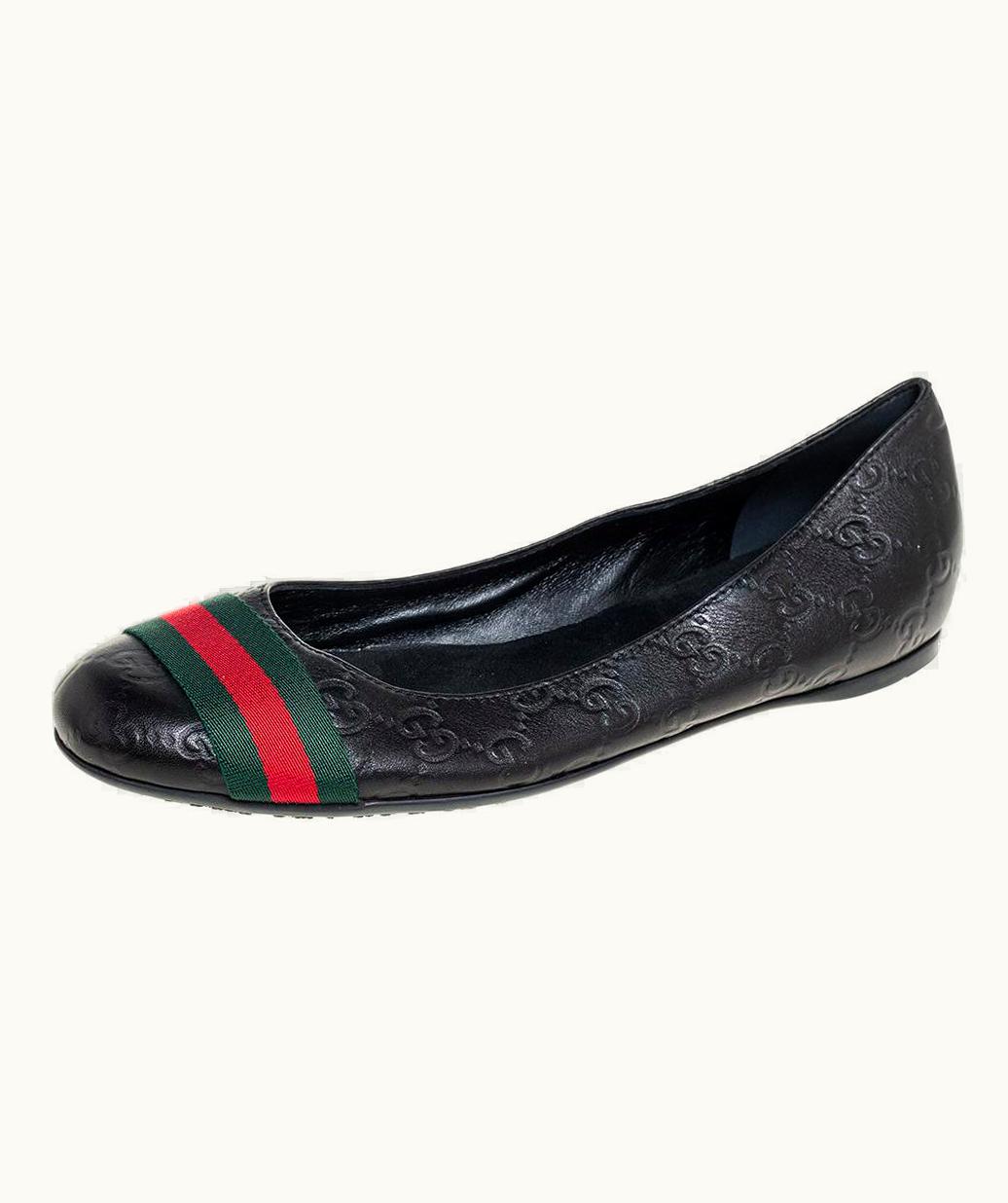 Gucci Gucci Black Guccissima Leather Web Stripe Ballet Flats