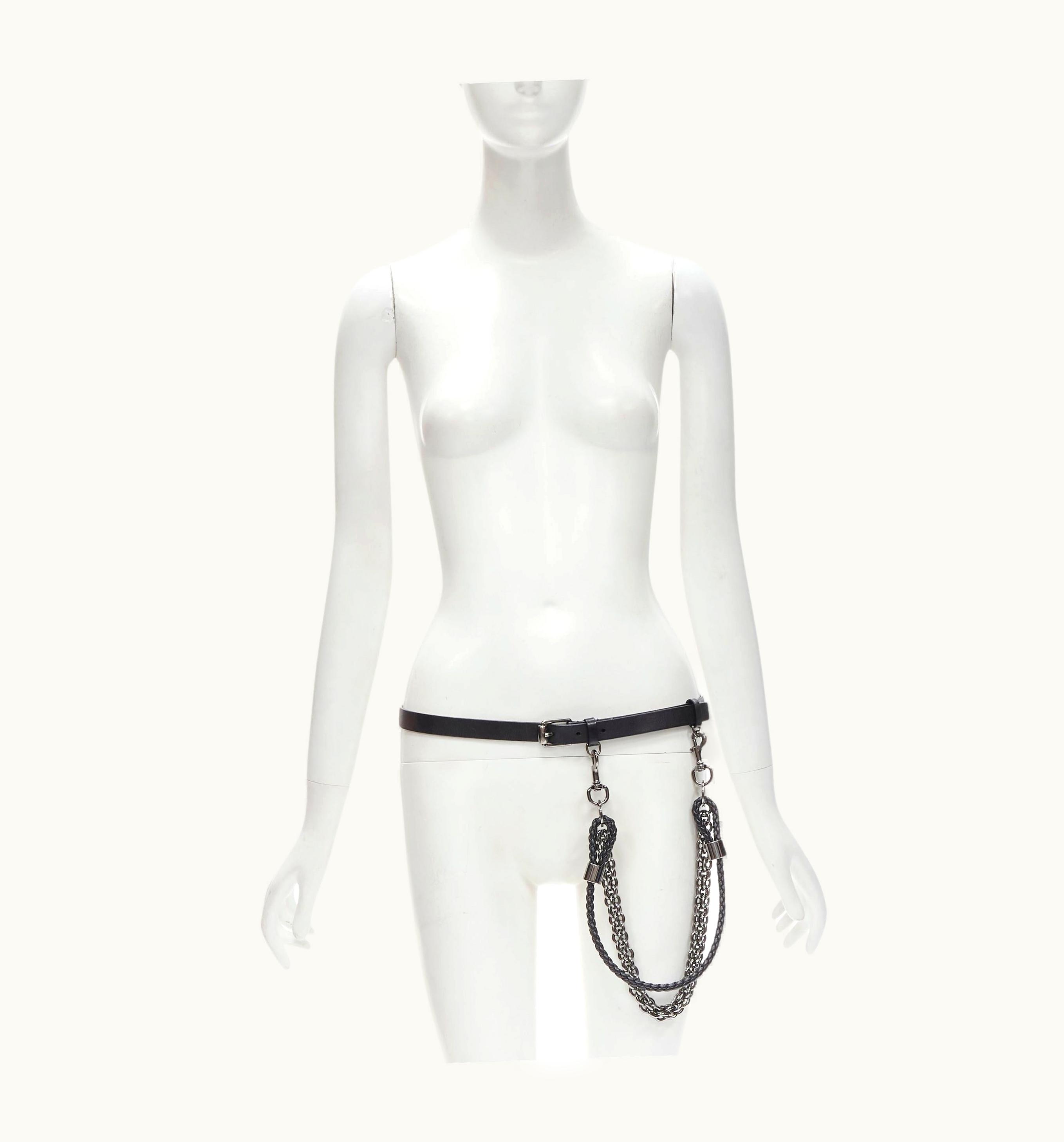 Gucci Gucci Black Leather Braided Leather Metal Link Chain Skinny Belt 85cm