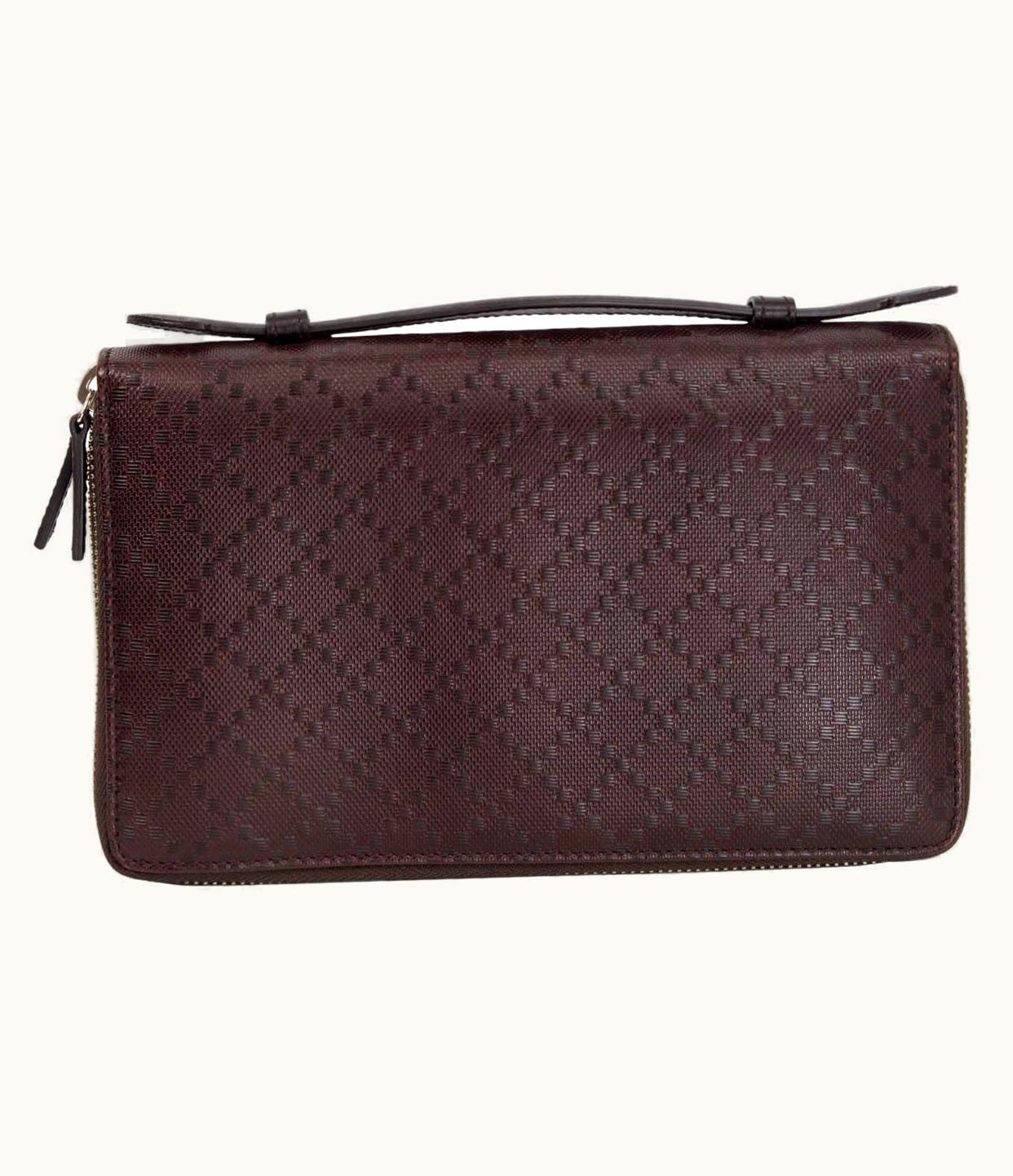 Gucci Gucci Dark Brown Leather Zip Around Top Handle Travel Wallet