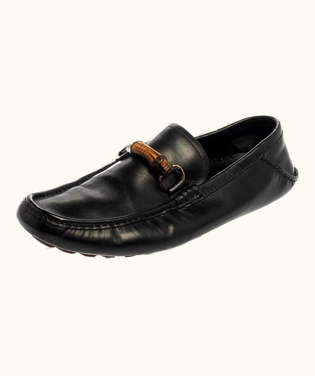 Gucci Gucci Black Leather Bamboo Horsebit Slip On Loafers