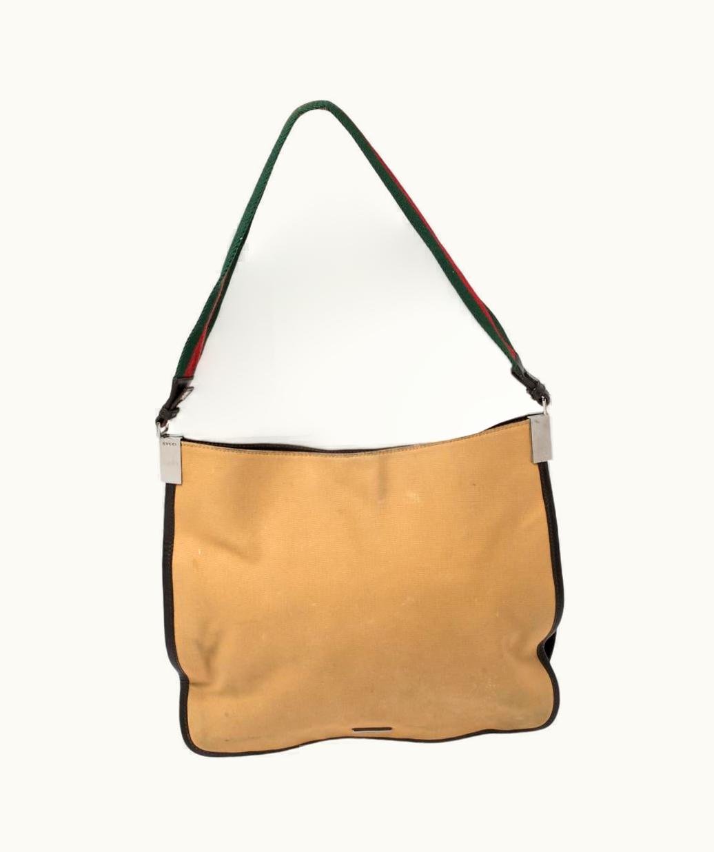 Gucci Gucci Khaki Brown Canvas And Leather Trim Web Detail Hobo Luxury Handbag Beige