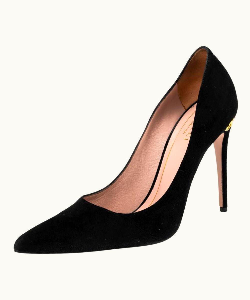 Gucci Gucci Black Suede Elizabeth Horsebit Pointed Toe Pumps