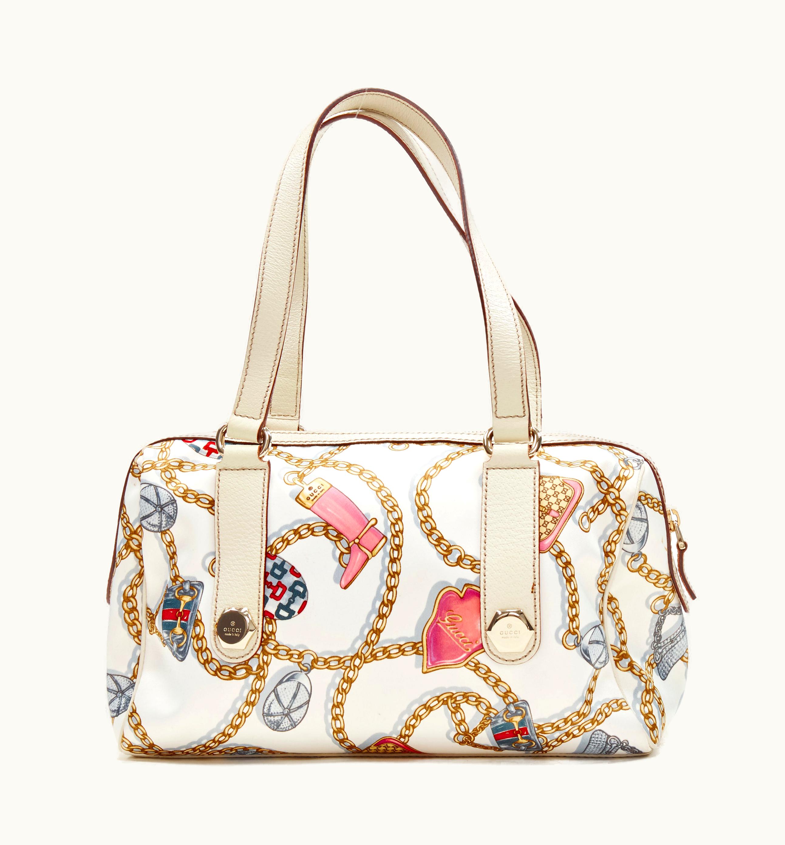 Gucci Gucci Y2k White Charmy Chain Print Ecru Leather Small Boston Bag