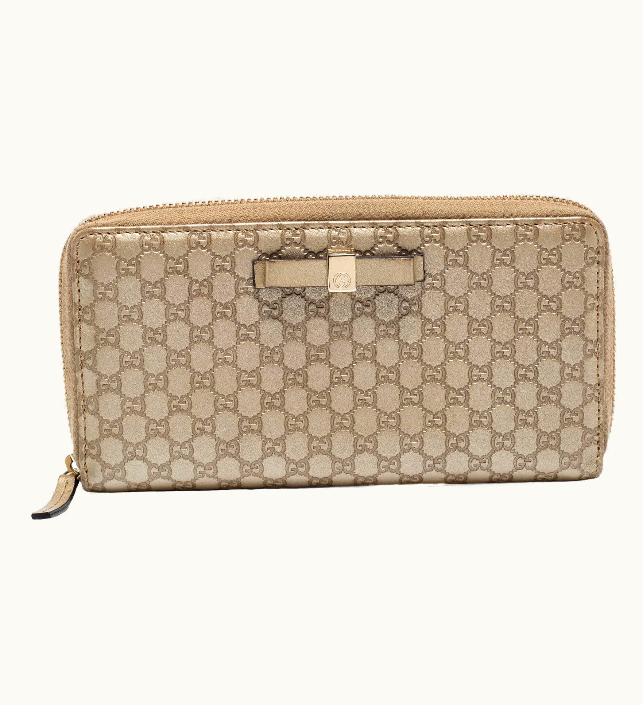 Gucci Gucci Metallic Beige Microguccissima Leather Bow Zip Around Wallet