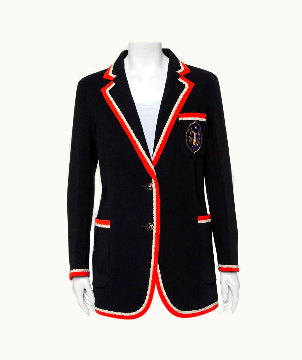 Gucci Gucci Black Crepe Fox Badge Contrast Trim Detail Blazer