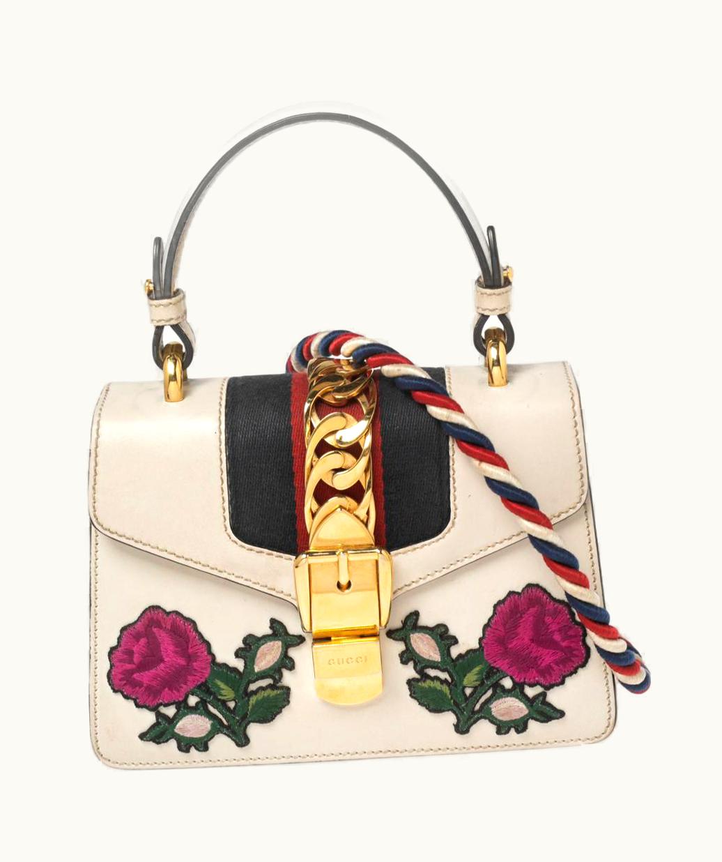 Gucci Gucci Grey Leather Floral Embroidered Web Chain Sylvie Shoulder Bag