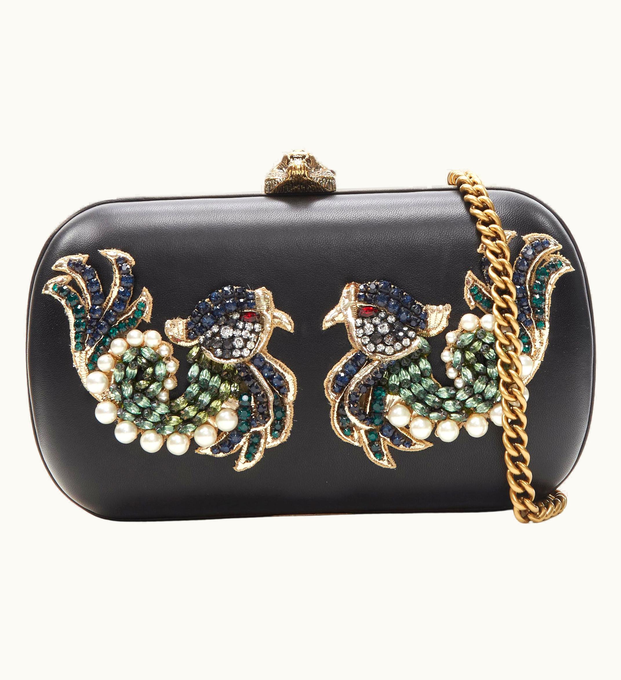 Gucci Rare Gucci Limited Edition Black Double Swallow Crystal Pearl Embellished Clutch