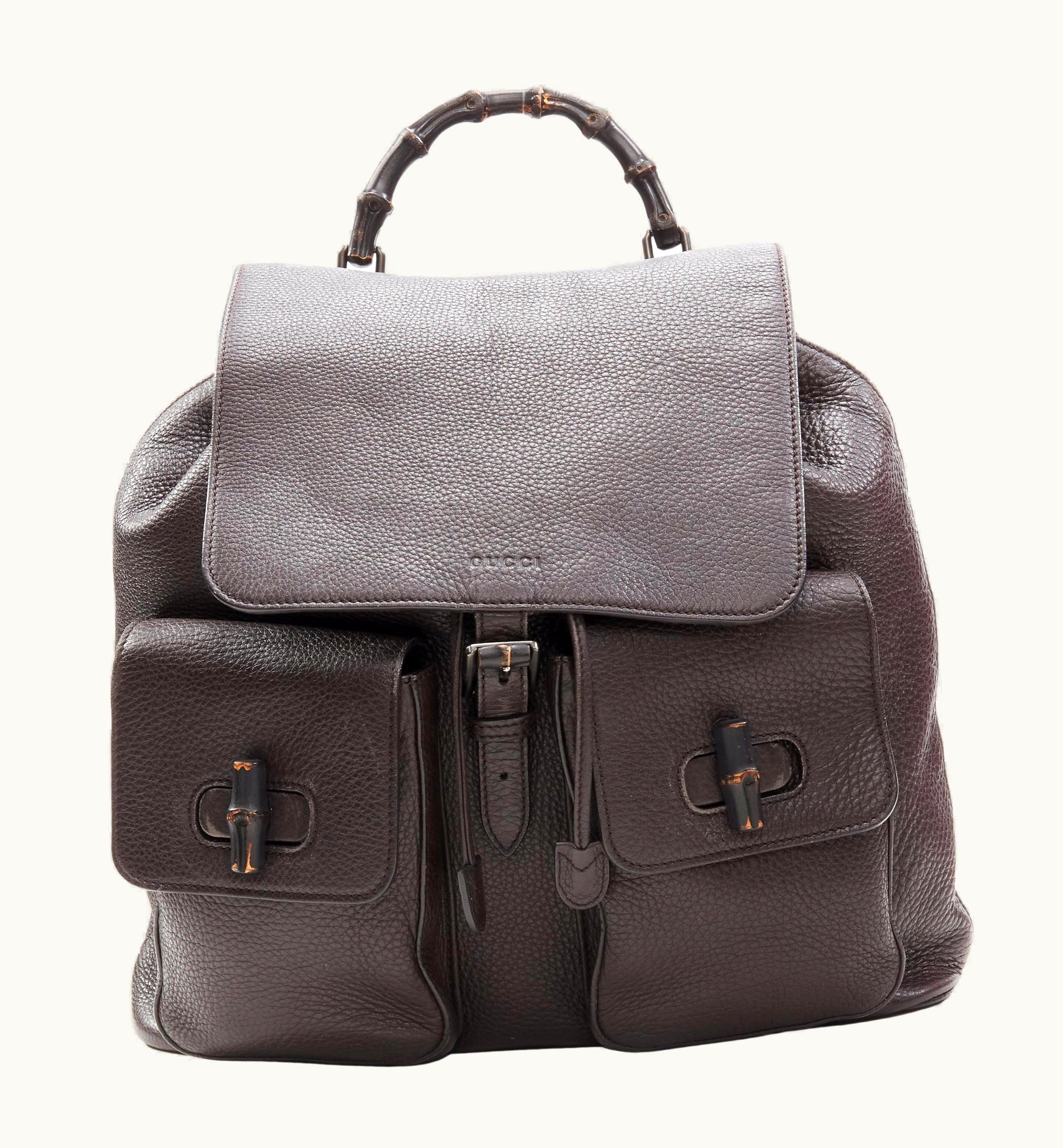 Gucci Gucci Dark Brown Pebble Leather Bamboo Turnlock Pocket Flap Backpack Bag