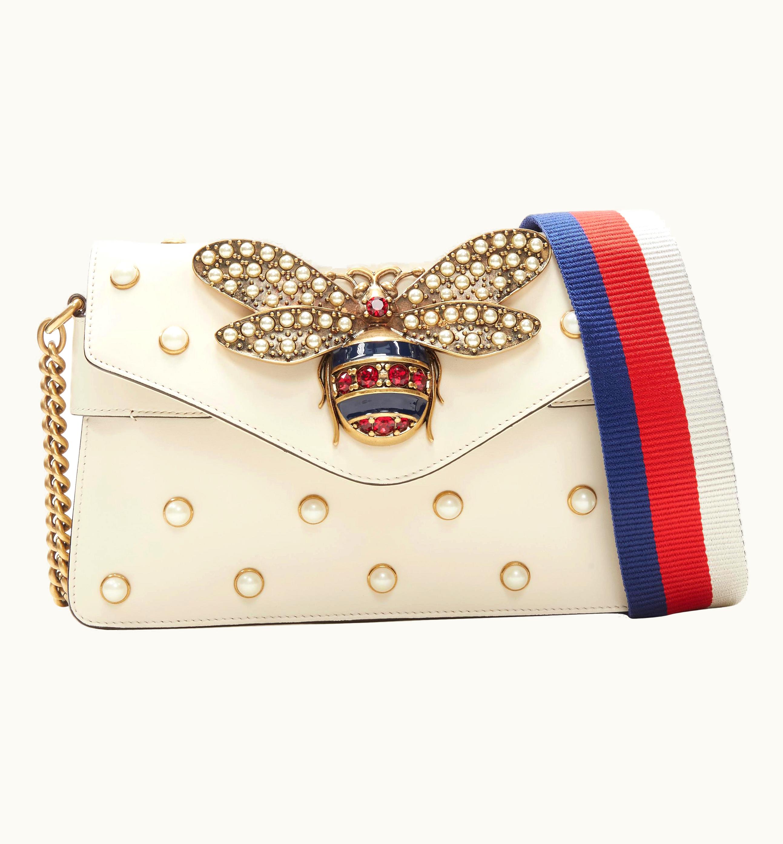 Gucci Gucci Queen Margaret Embellished Bee Pearl Stud White Flap Crossbody Bag