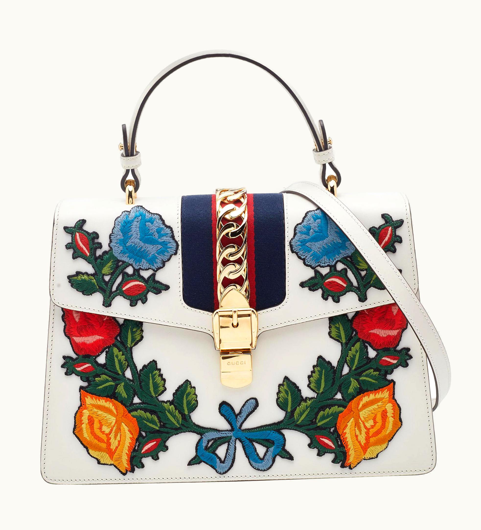 Gucci Gucci White Leather Floral Embroidered Medium Sylvie Top Handle Bag UZ0575378