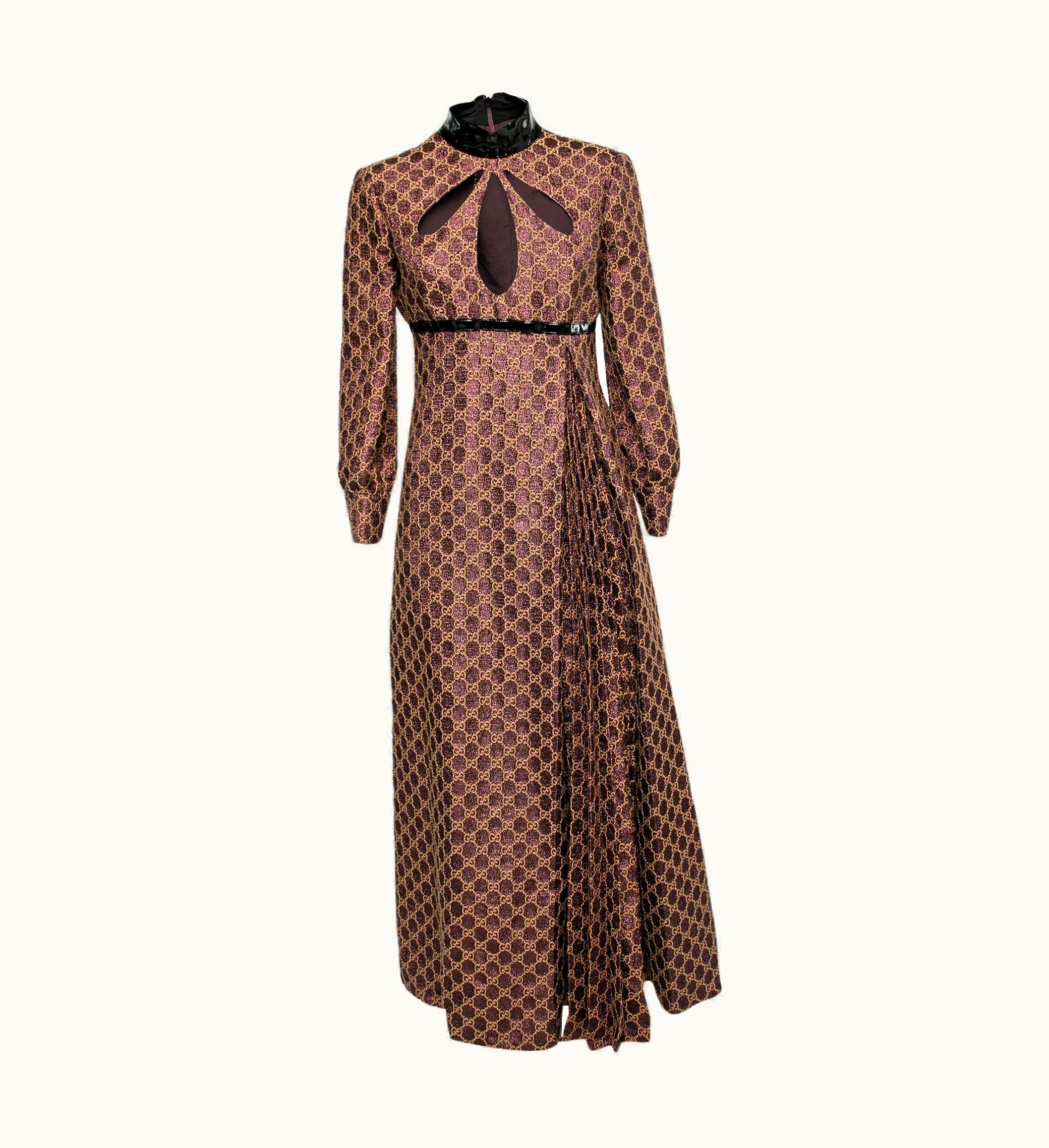 Gucci Gucci Burgundy Logo Lurex Jacquard Cut-Out Detail Pleated Dress