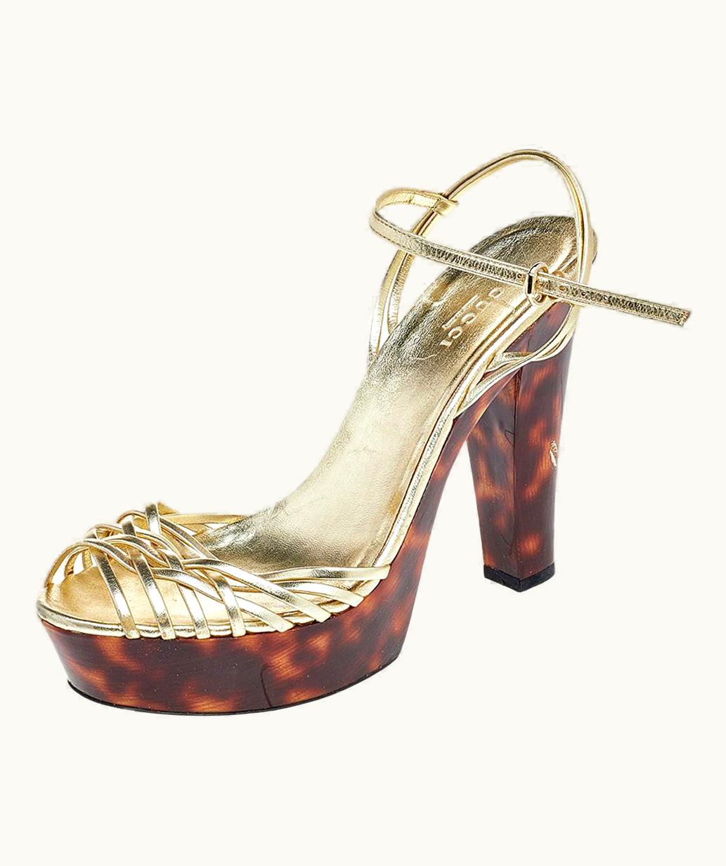 Gucci Gucci Metallic Gold Leather Strappy Platform Sandals