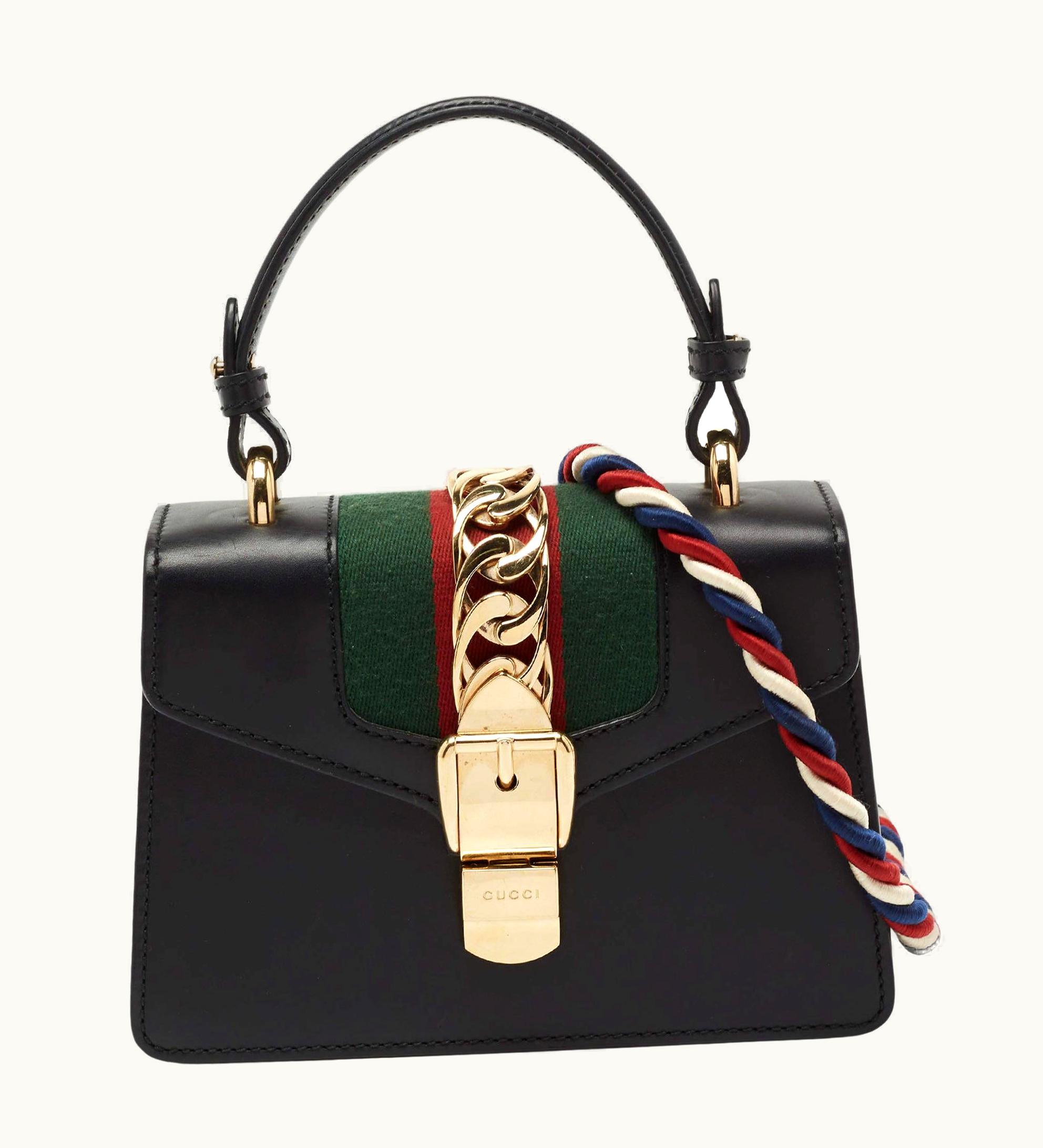 Gucci Gucci Black Leather Mini Web Chain Sylvie Top Handle Bag UZ0575385