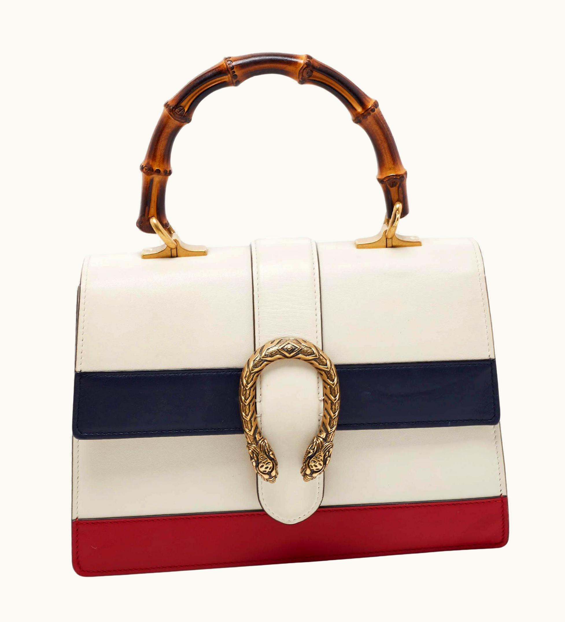 Gucci Gucci Off White Striped Leather Dionysus Medium Top Handle Bag