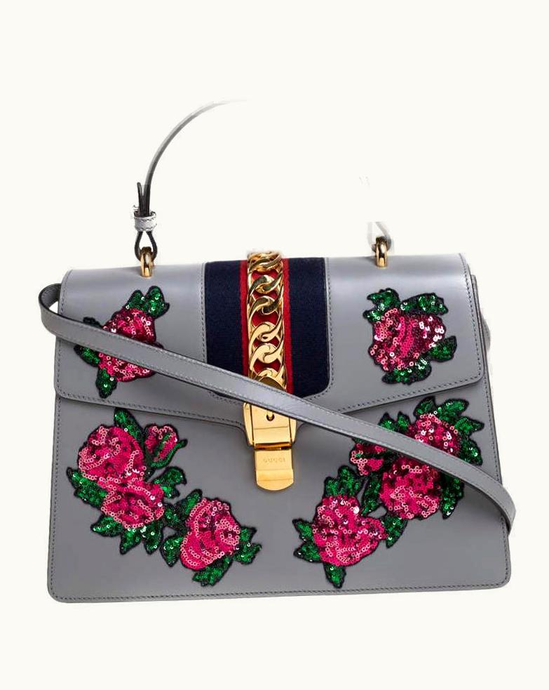 Gucci Gucci Sylvie Floral Sequins Embroidered Leather Top Handle Bag