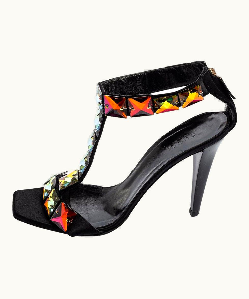 Gucci Gucci Black Satin Embellished T-Strap Sandals