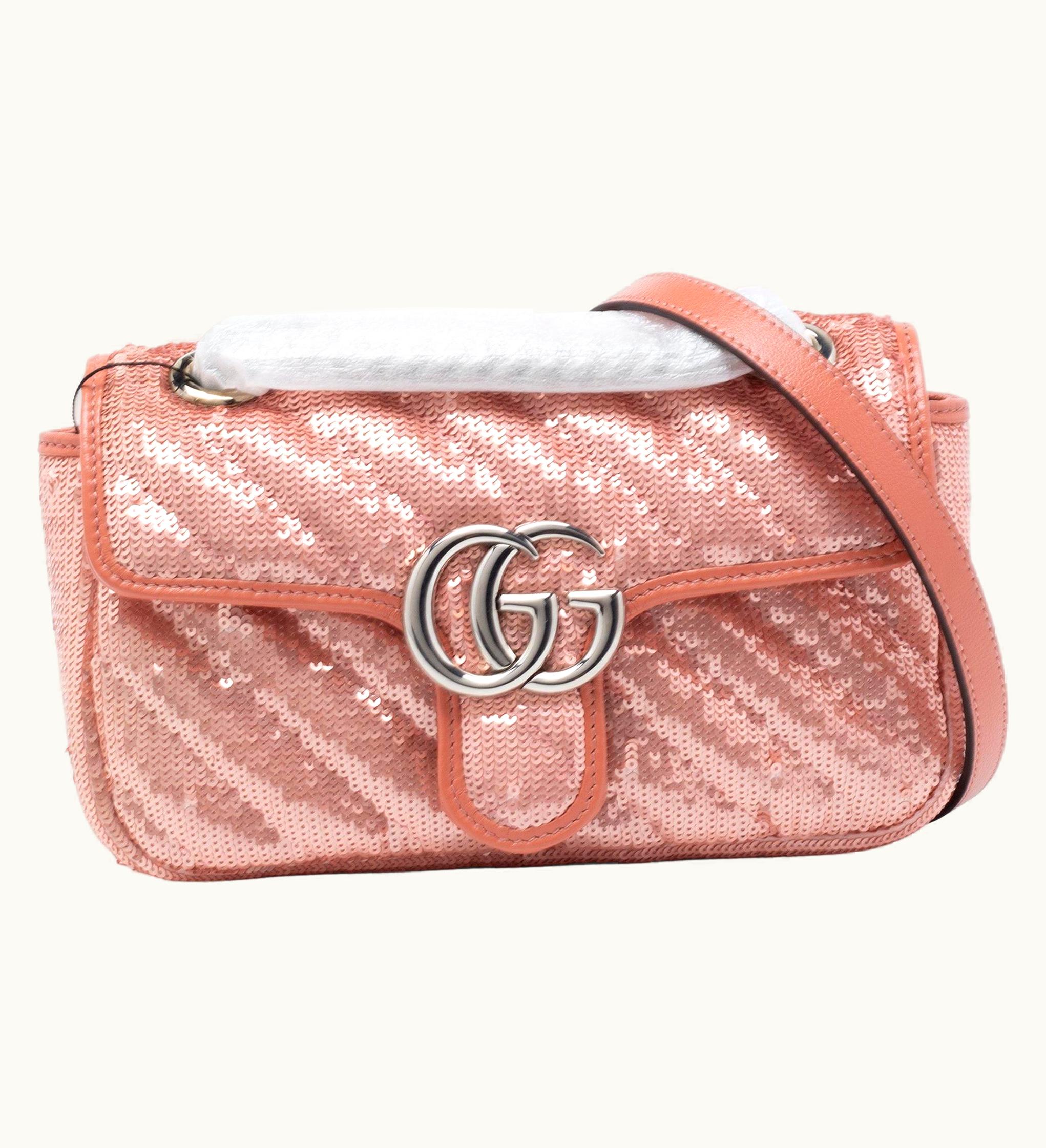 Gucci Gucci Pink Diagonal Sequins And Leather Mini Gg Marmont Shoulder Bag UZ0575405
