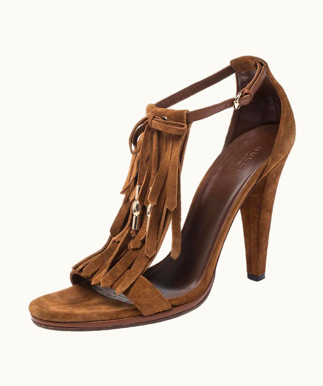 Gucci Gucci Brown Suede Fringe Bow Slingback Sandals