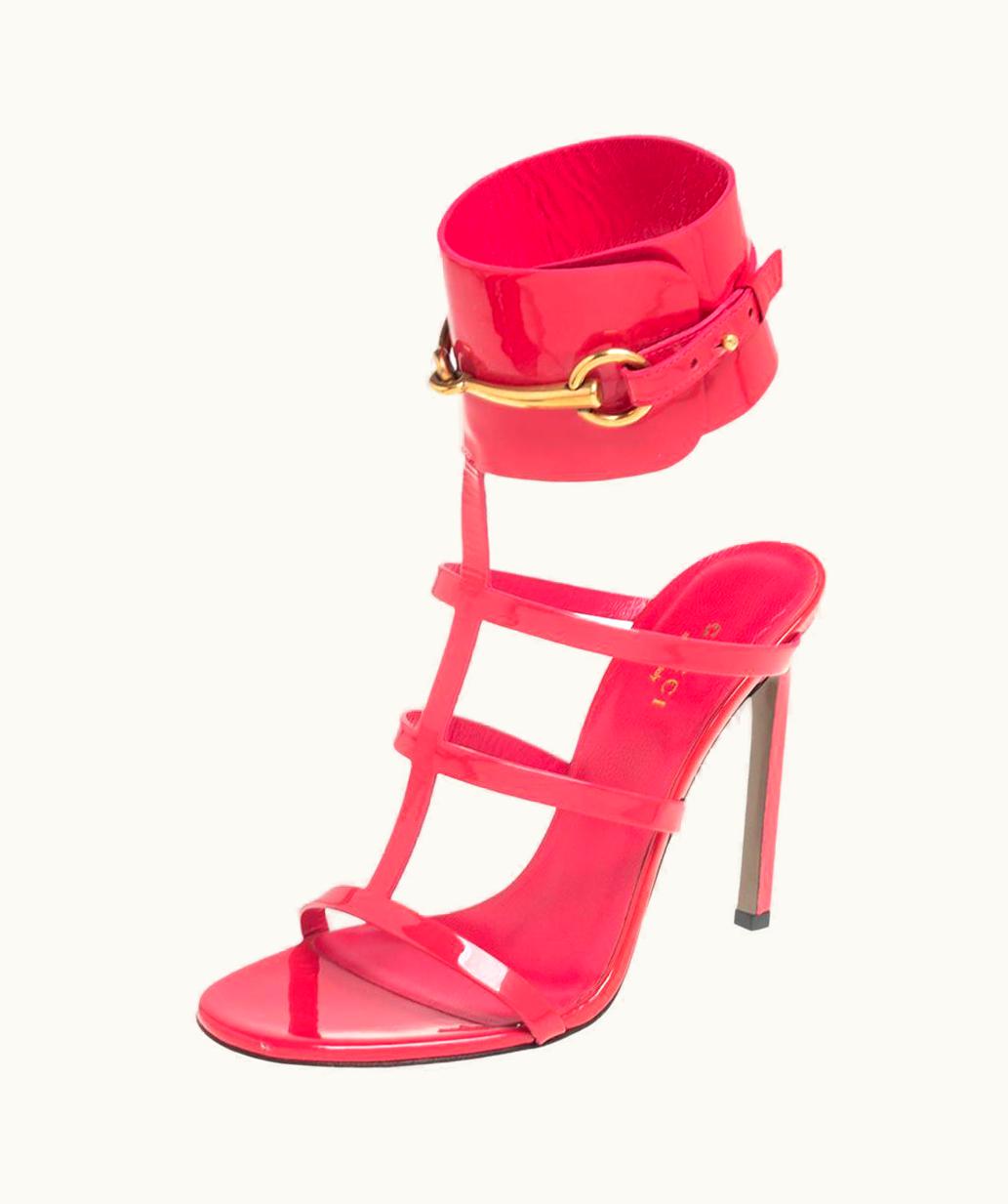 Gucci Gucci Pink Patent Leather Ursula Horsebit Ankle-Strap Sandals