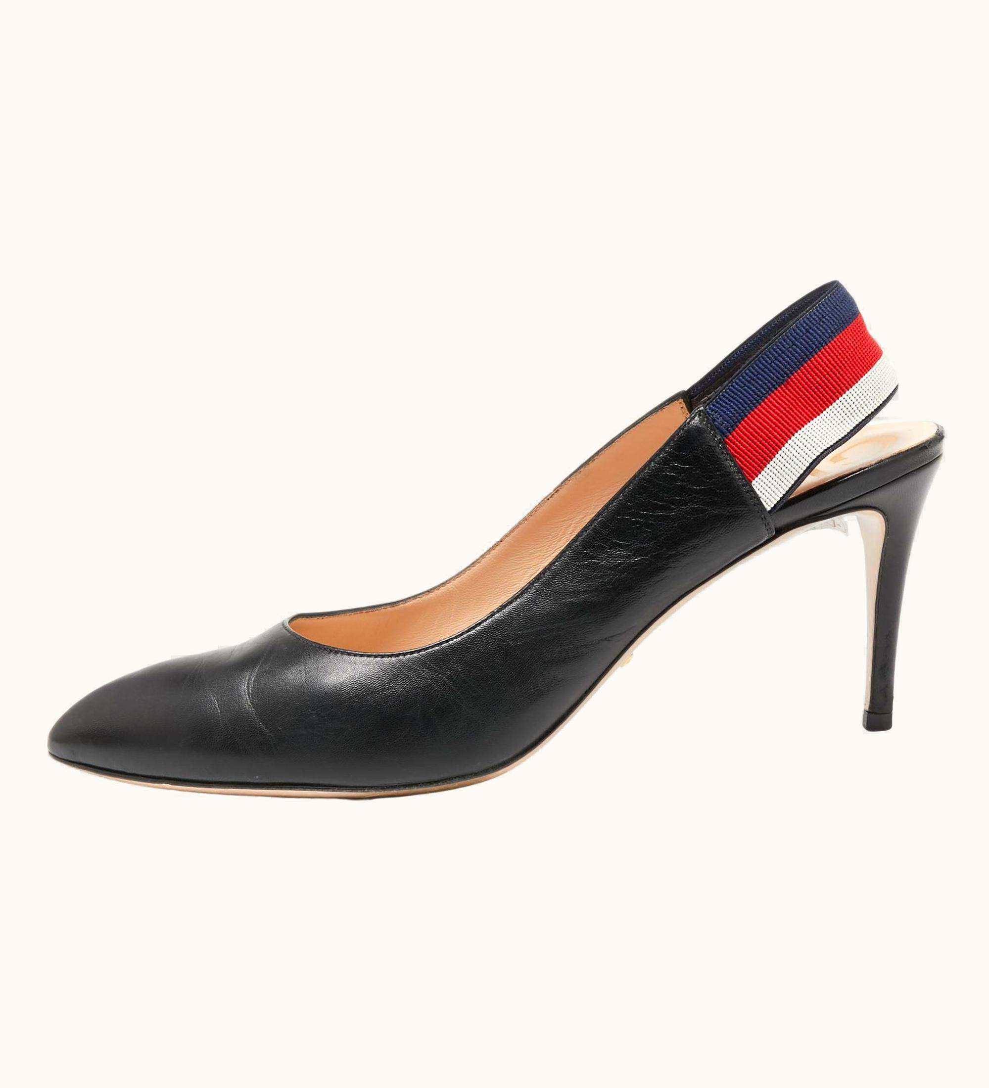 Gucci Gucci Black Leather Web Sylvie Slingback Pumps