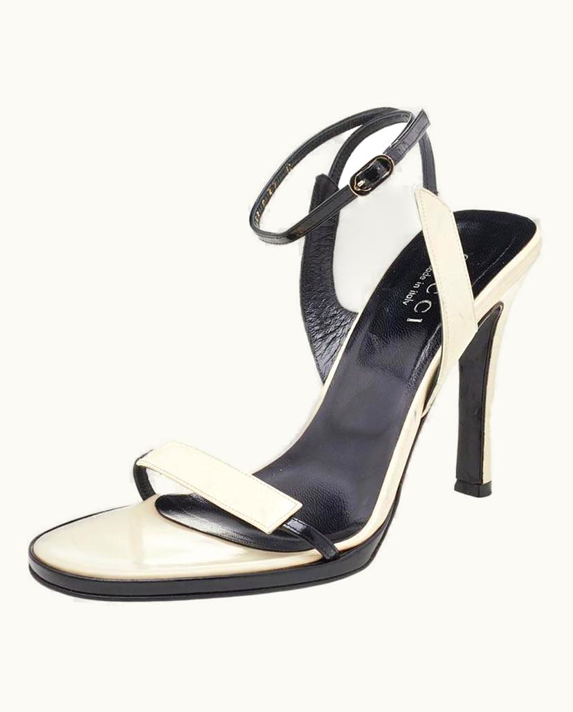 Gucci Gucci White/Black Leather Ankle Wrap Sandals