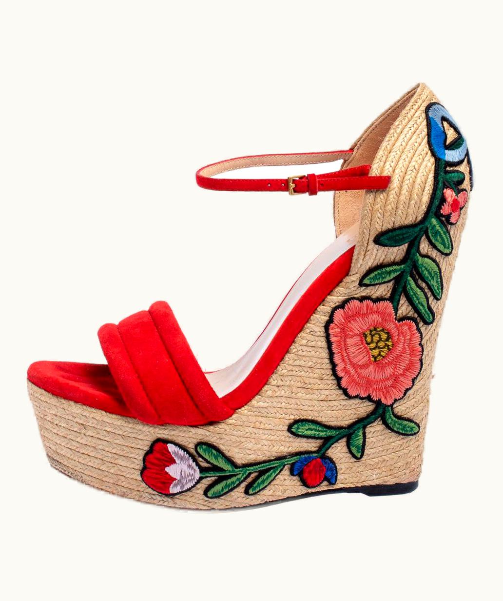 Gucci Gucci Red Suede Floral Embroidered Wedge Platform Ankle Strap