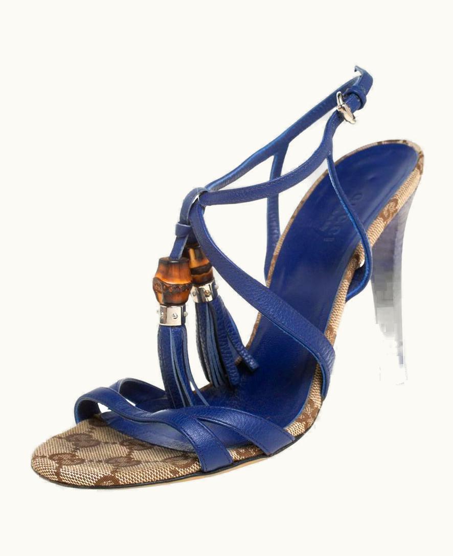 Gucci Gucci Blue Leather Bamboo Tassel Open Toe Ankle Strap Sandals