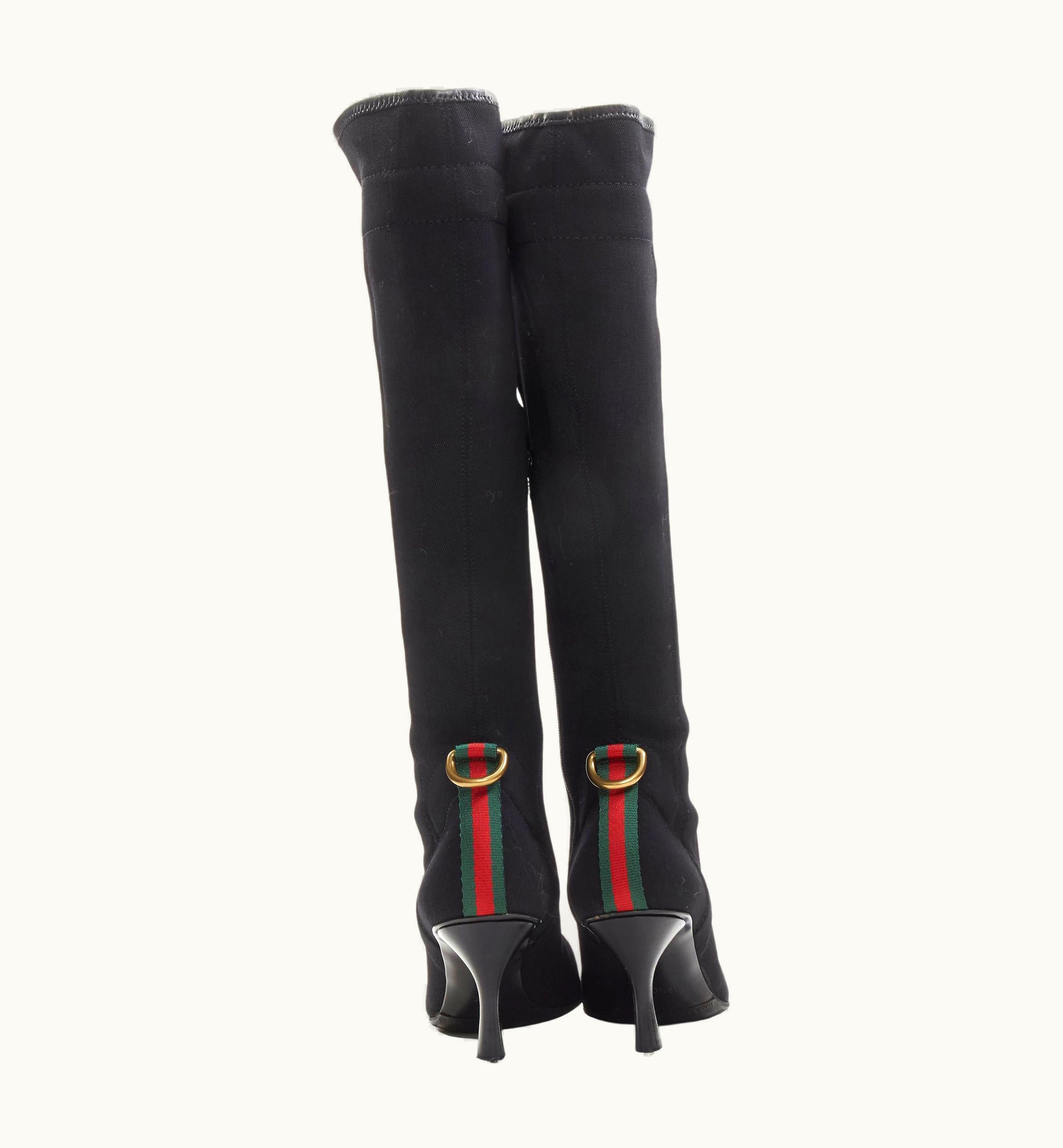 Gucci Gucci Black Sock Knit Web Trim D Ring High Heel Boot