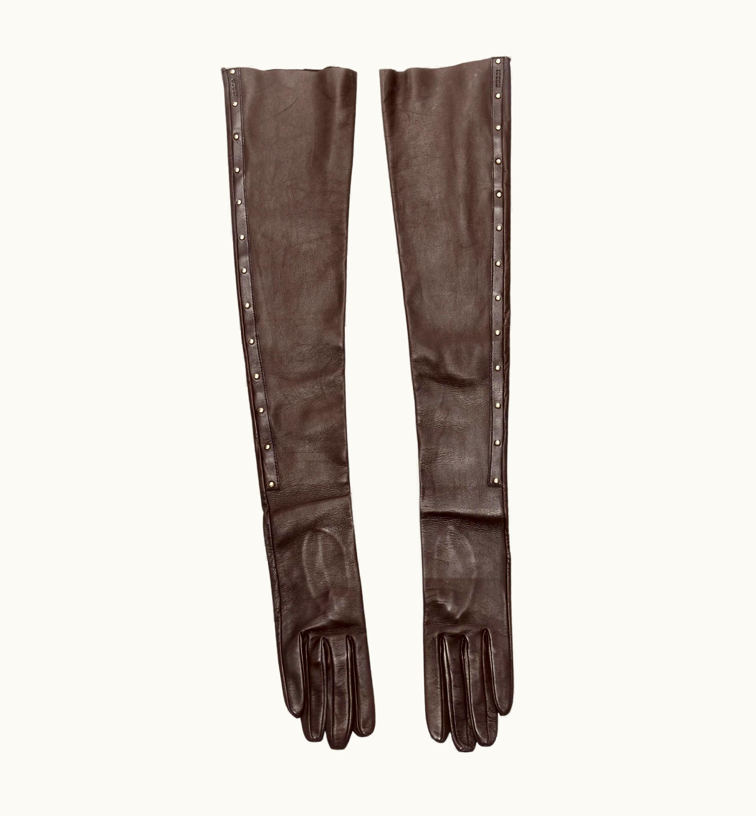 Gucci Gucci Vintage Dark Brown Leather Gold Stud Trim Long Gloves