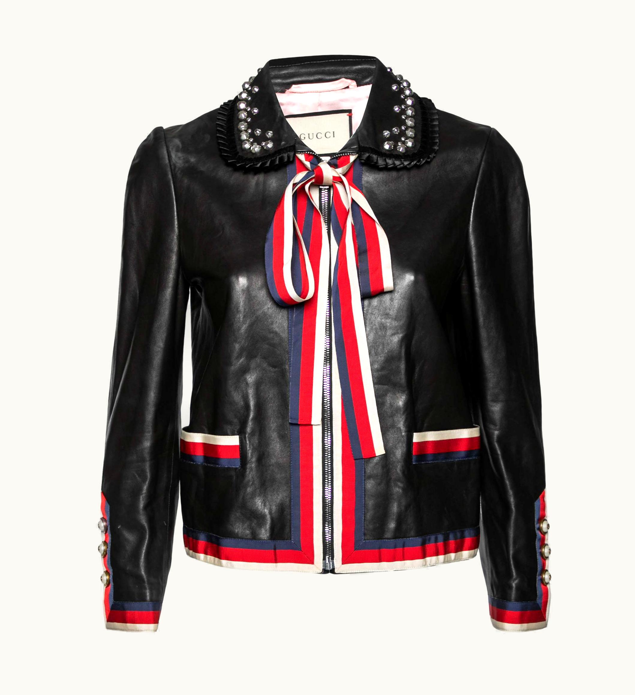 Gucci Gucci Black Leather Web Detail Trim Bow Tie Studded Collar Jacket