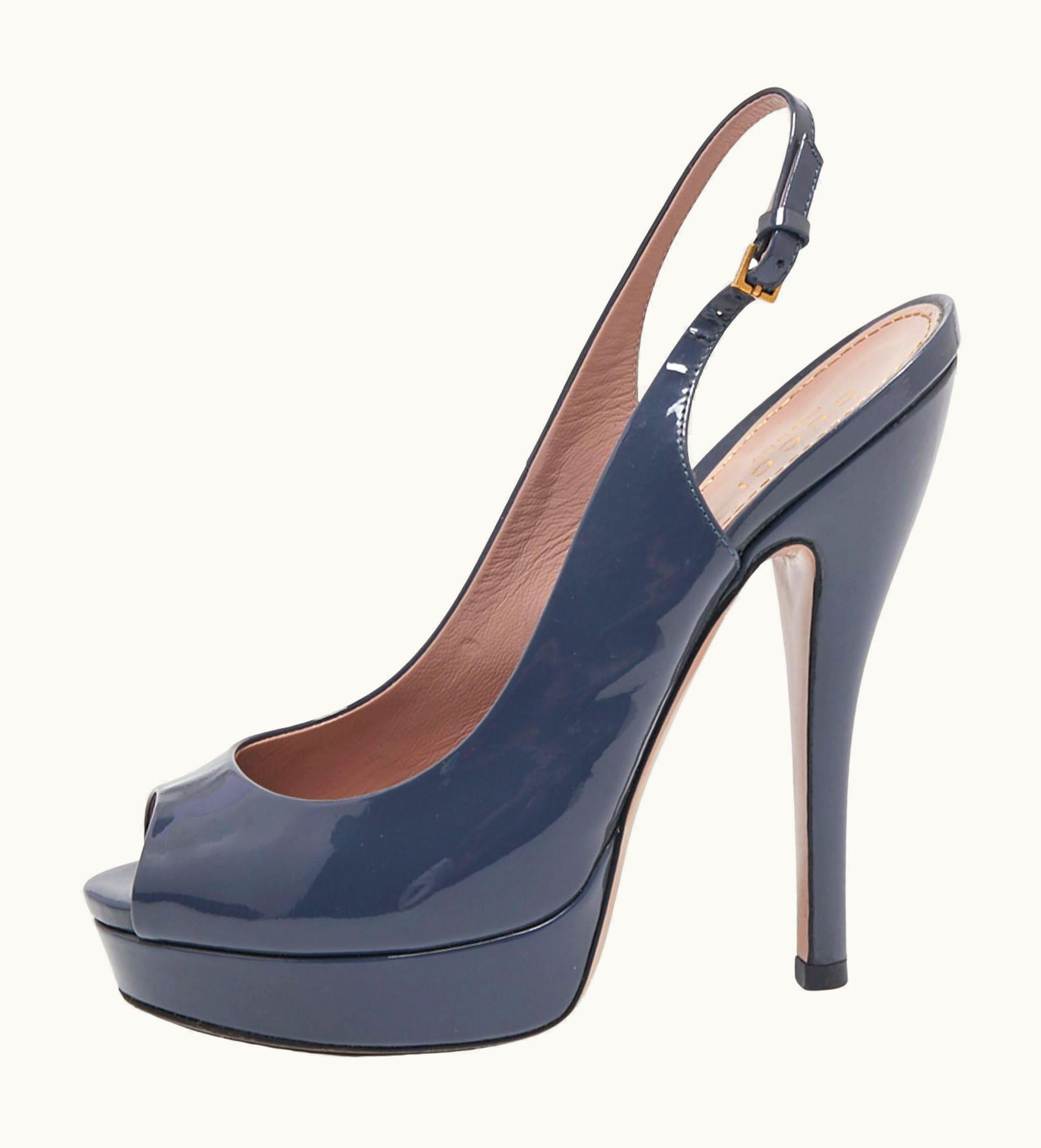 Gucci Gucci Slate Grey Patent Leather Peep-Toe Platform Slingback Sandals