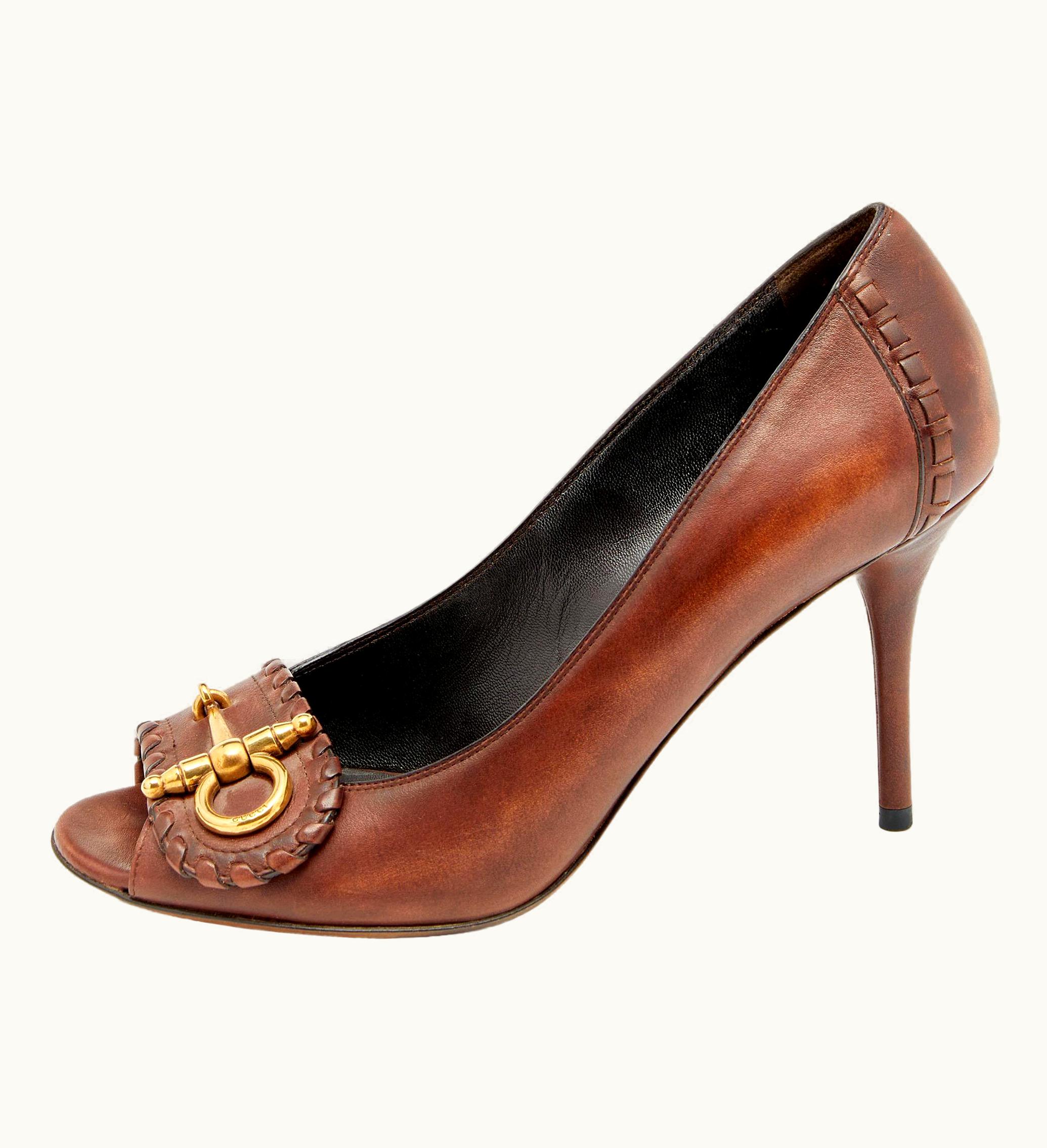Gucci Gucci Brown Leather Horsebit Peep Toe Pumps UZ0575547
