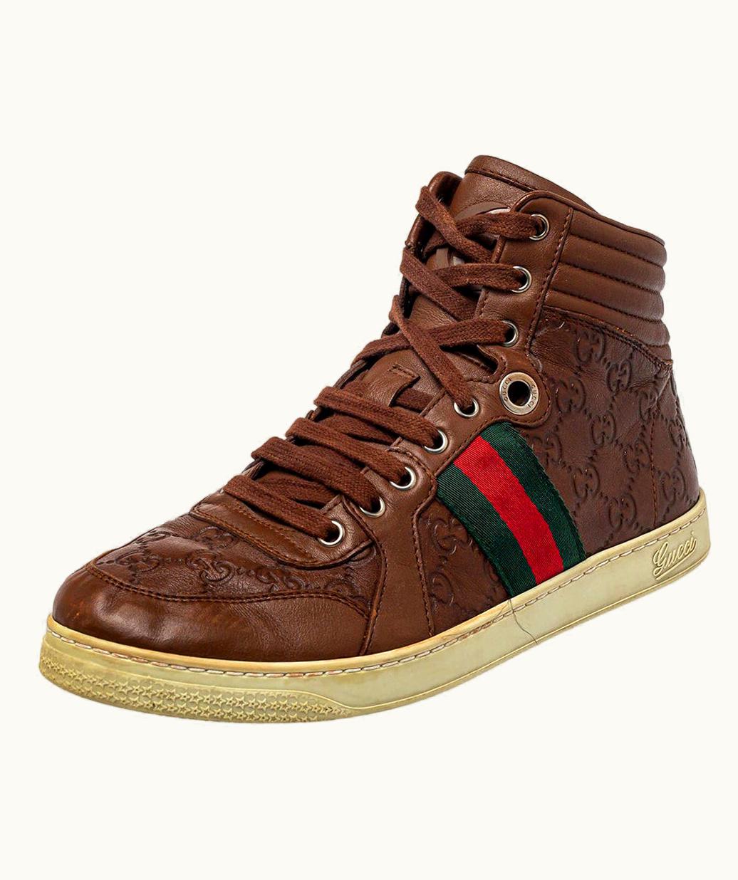 Gucci Gucci Brown Guccissima Leather Web Detail High Top Sneakers