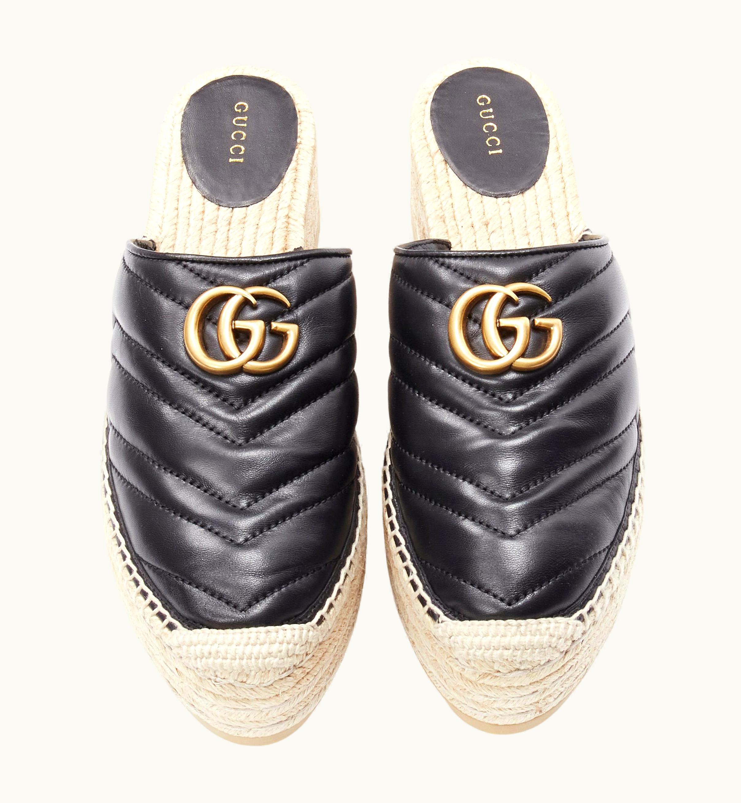 Gucci Gucci Charlotte Matelasse Gold Gg Logo Platform Espadrille Jute Mule