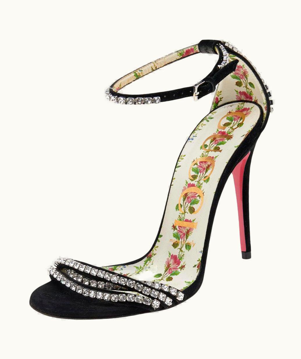 Gucci Gucci Black Suede Crystal Embellished Ankle Strap Sandals