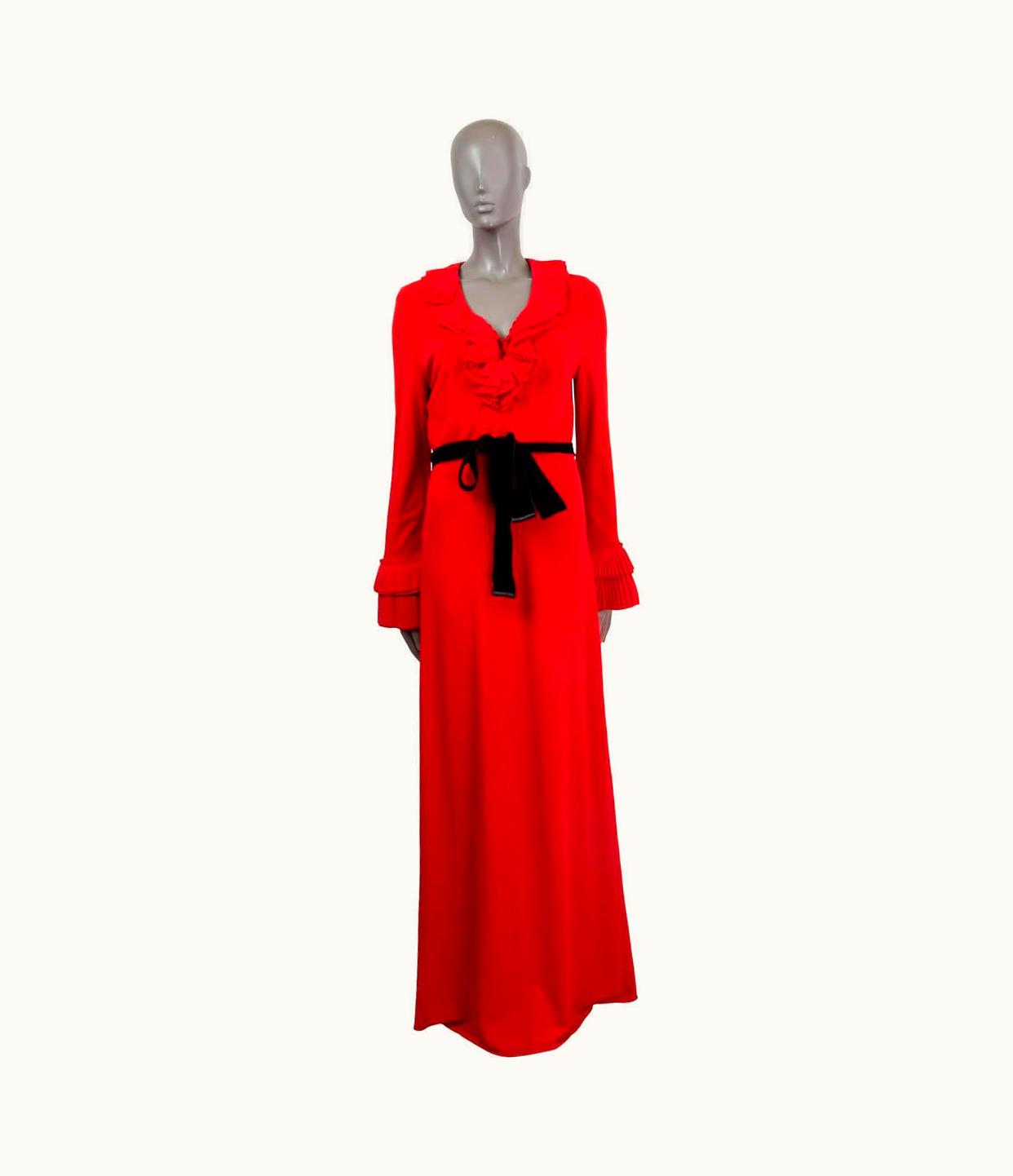 Gucci Gucci Red Viscose 2016 Ruffled Velvet Belted Jersey Gown Maxi Dress