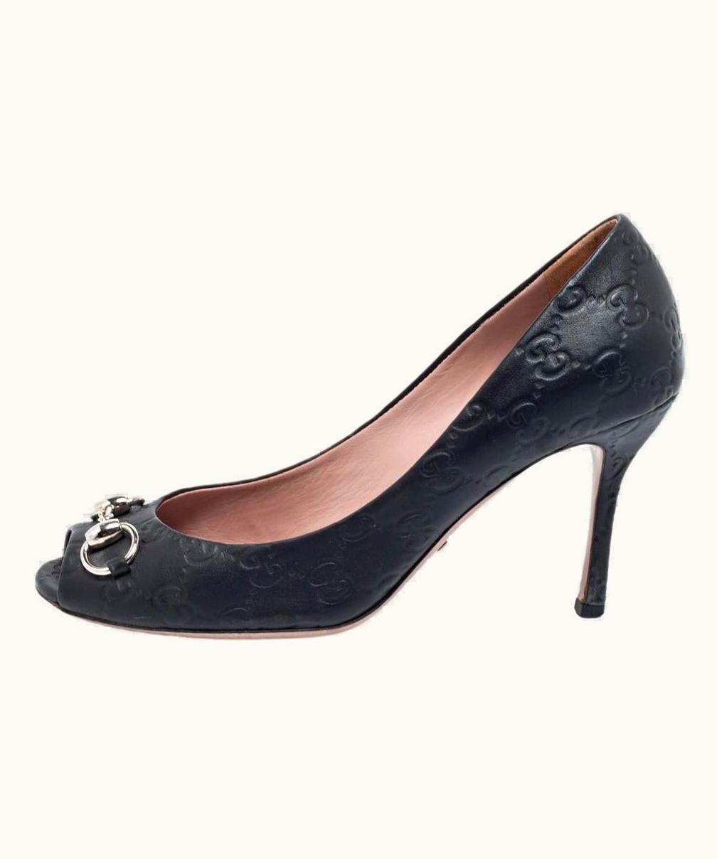 Gucci Gucci Black Guccissima Leather Horsebit Peep-Toe Pumps
