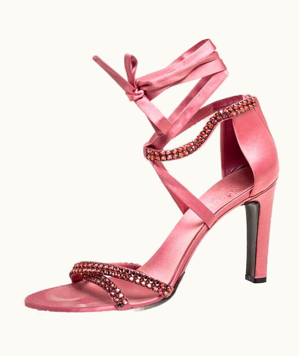 Gucci Gucci Pink Satin Crystal Embellished Ankle Wrap Sandals