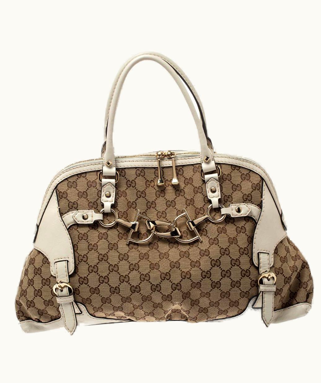 Gucci Gucci Beige/White Gg Canvas And Leather Medium Horsebit Nail Dome Satchel
