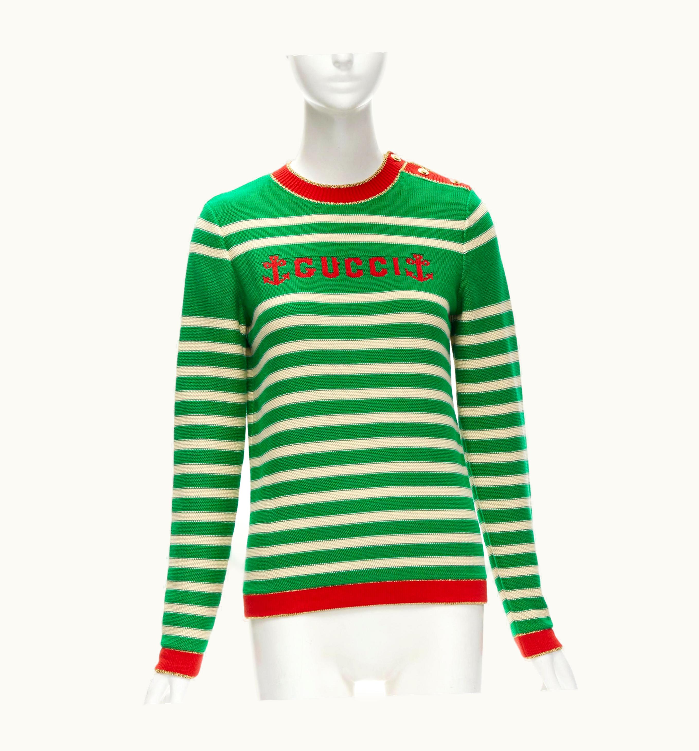 Gucci Gucci Nautical Sailor Intarsia Embroidery Green Beige Striped Sweater