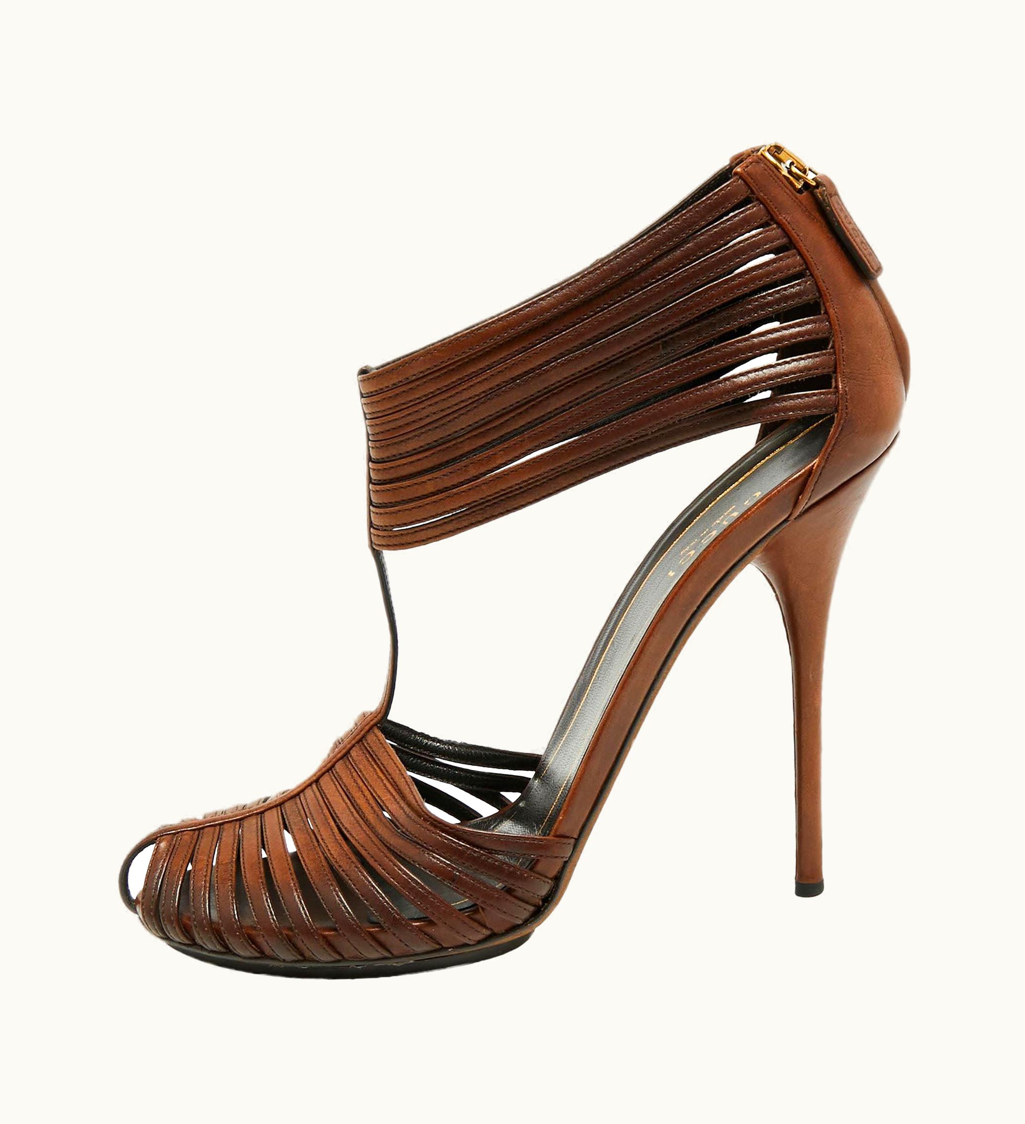 Gucci Gucci Brown Leather 'Inga' T-Strap Sandals