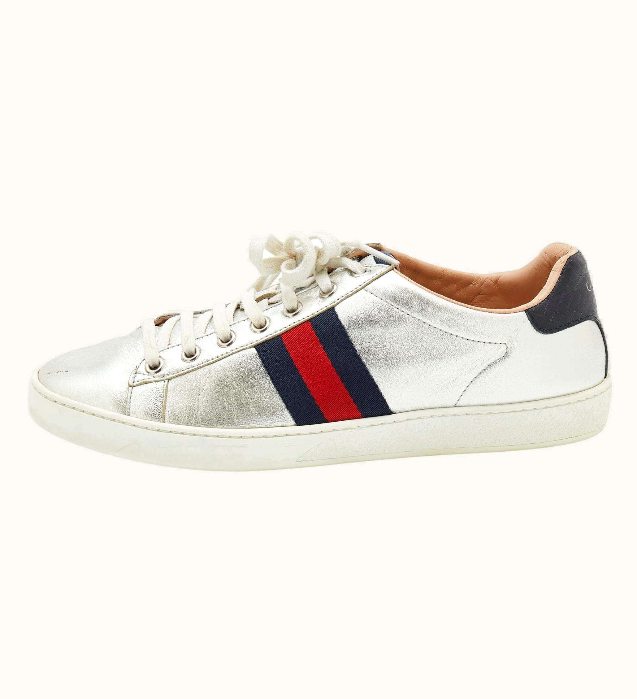 Gucci Gucci Silver Leather Ace Web Low Top Sneakers