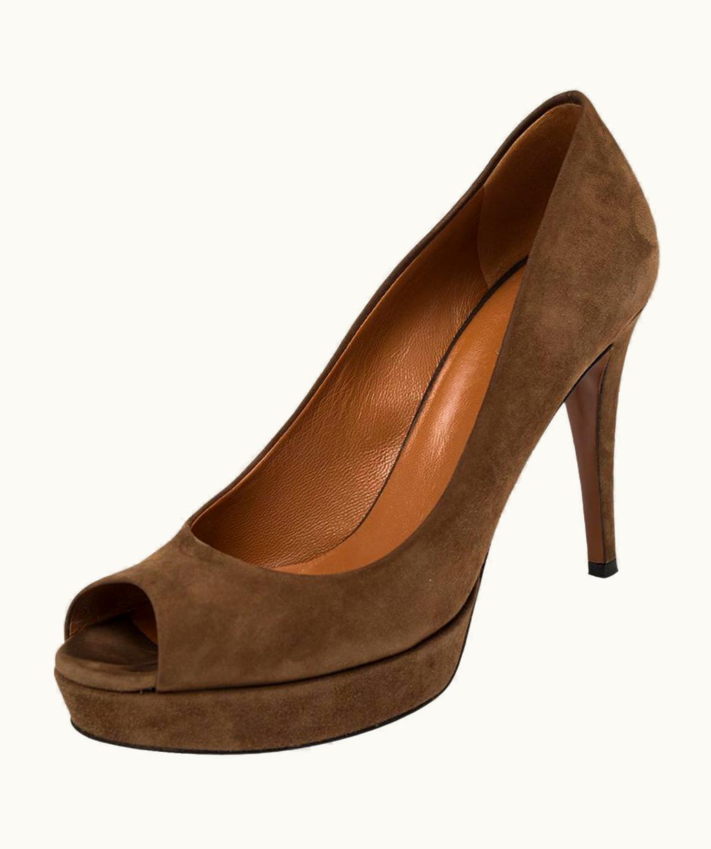 Gucci Gucci Brown Suede Betty Peep-Toe Platform Pumps