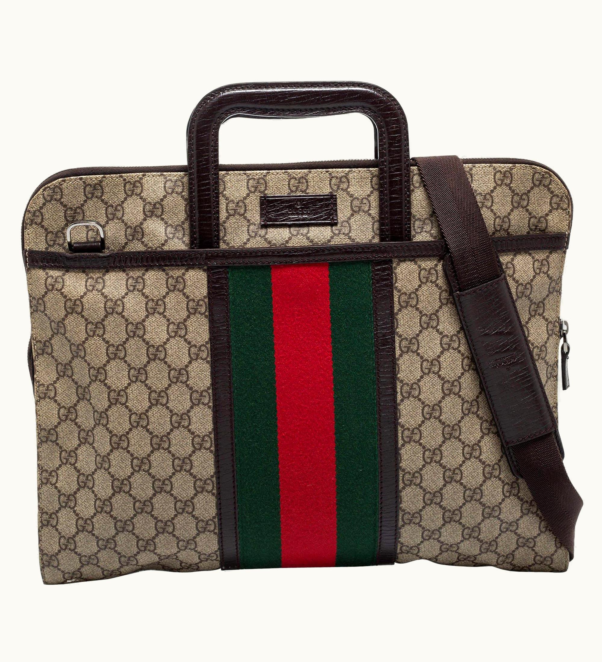 Gucci Gucci Brown/Beige Gg Supremes Canvas And Leather Web Business Briefcase Bag