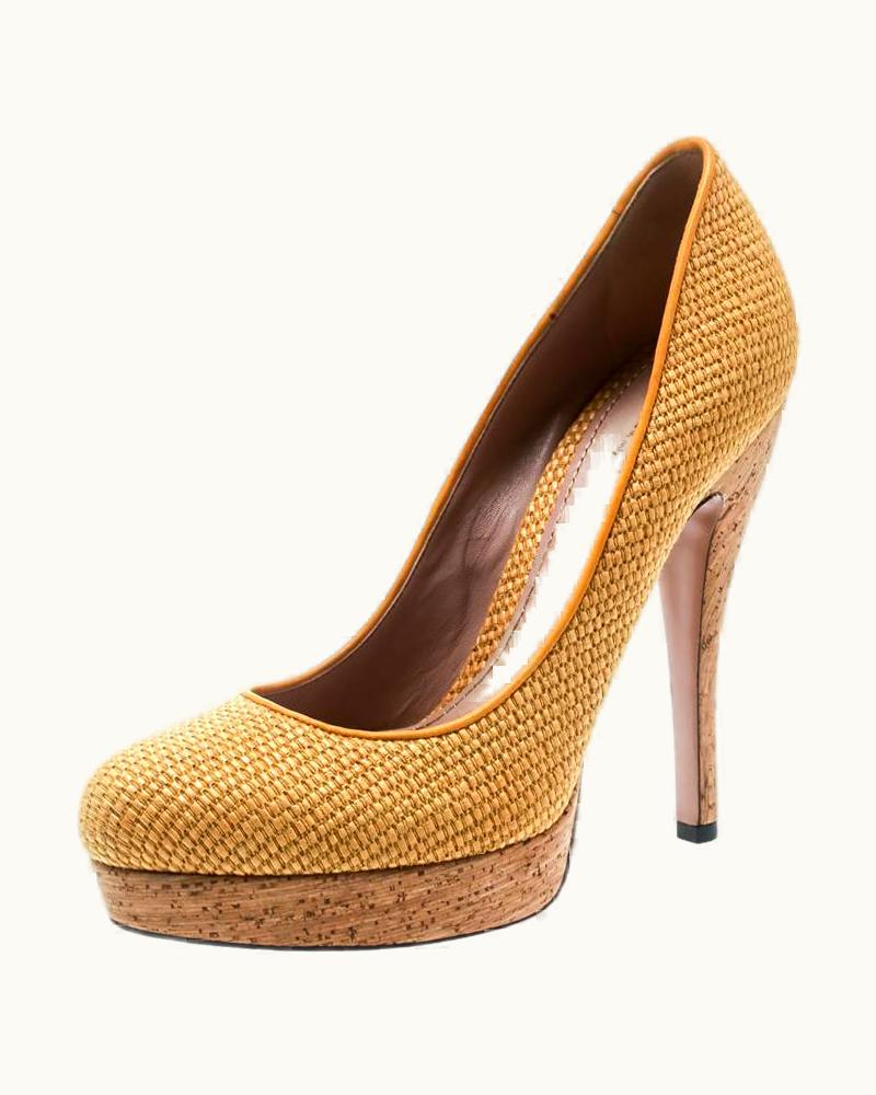 Gucci Gucci Yellow Woven Jute Bumblebee Cork Platform Pumps