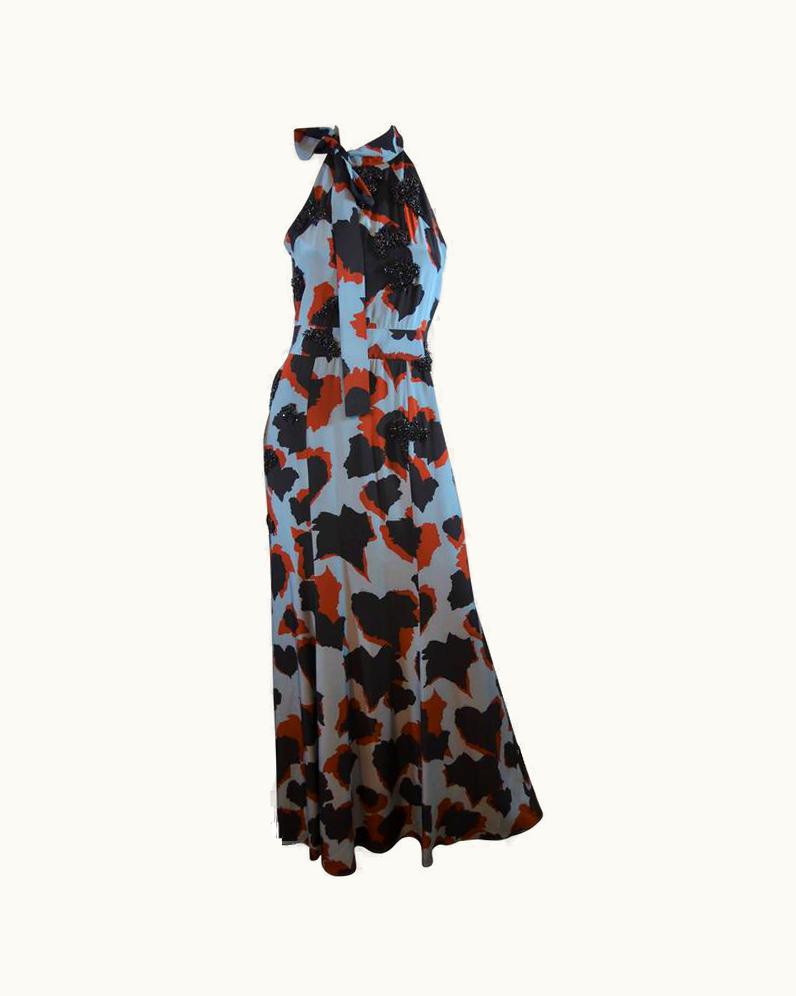 Gucci Gucci 2015 Silk Print And Bead Embellished Tie Neck Gown
